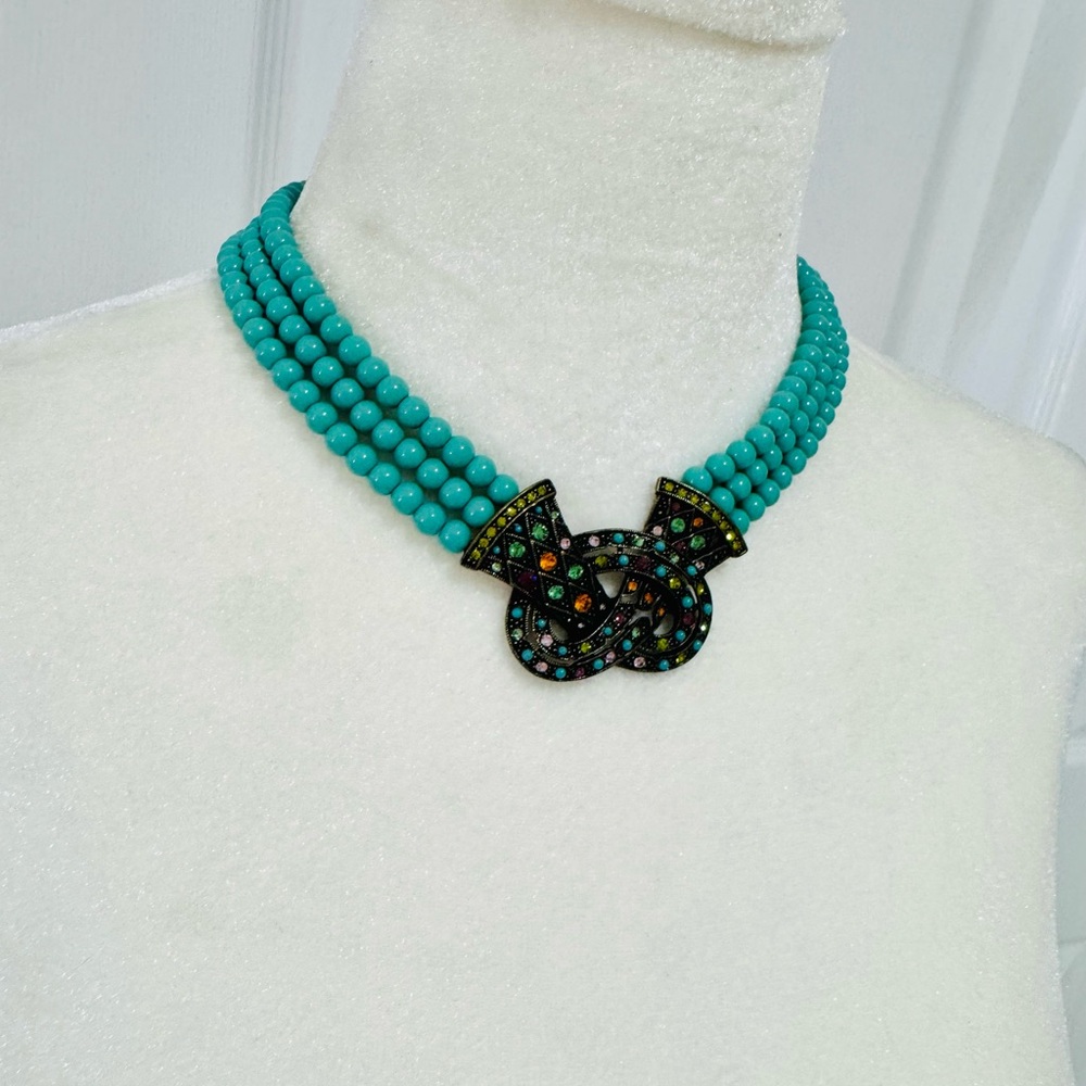 Turquoise Beaded Knot-Accent Statement Necklace Collar Jewelry